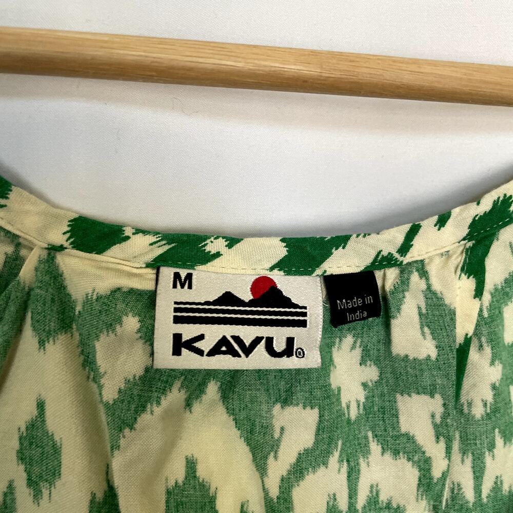 Kavu green yellow short sleeved summer blouse women's size medium crossover back - Picture 3 of 6